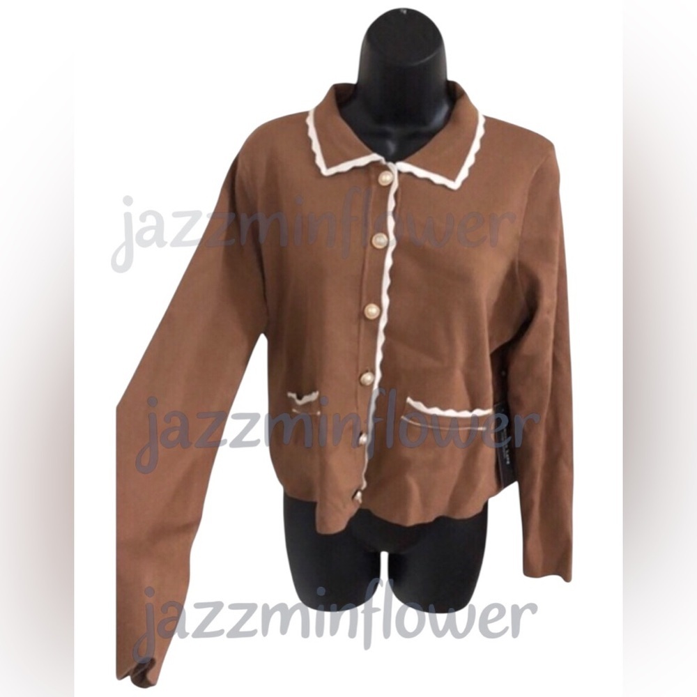Brown and white scallop hem pearl button long sleeve cardigan sweater size large